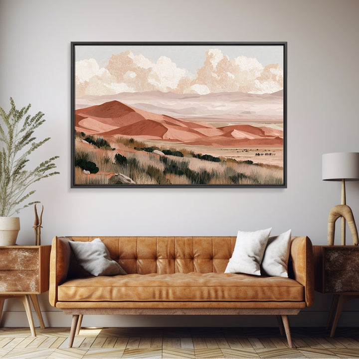 Saharan Dunes with Tiny Caravan Silhouettes Canvas Print, Desert Art, Digital Download Art, Southwestern Decor, Oil Painting, DES-3x2-30