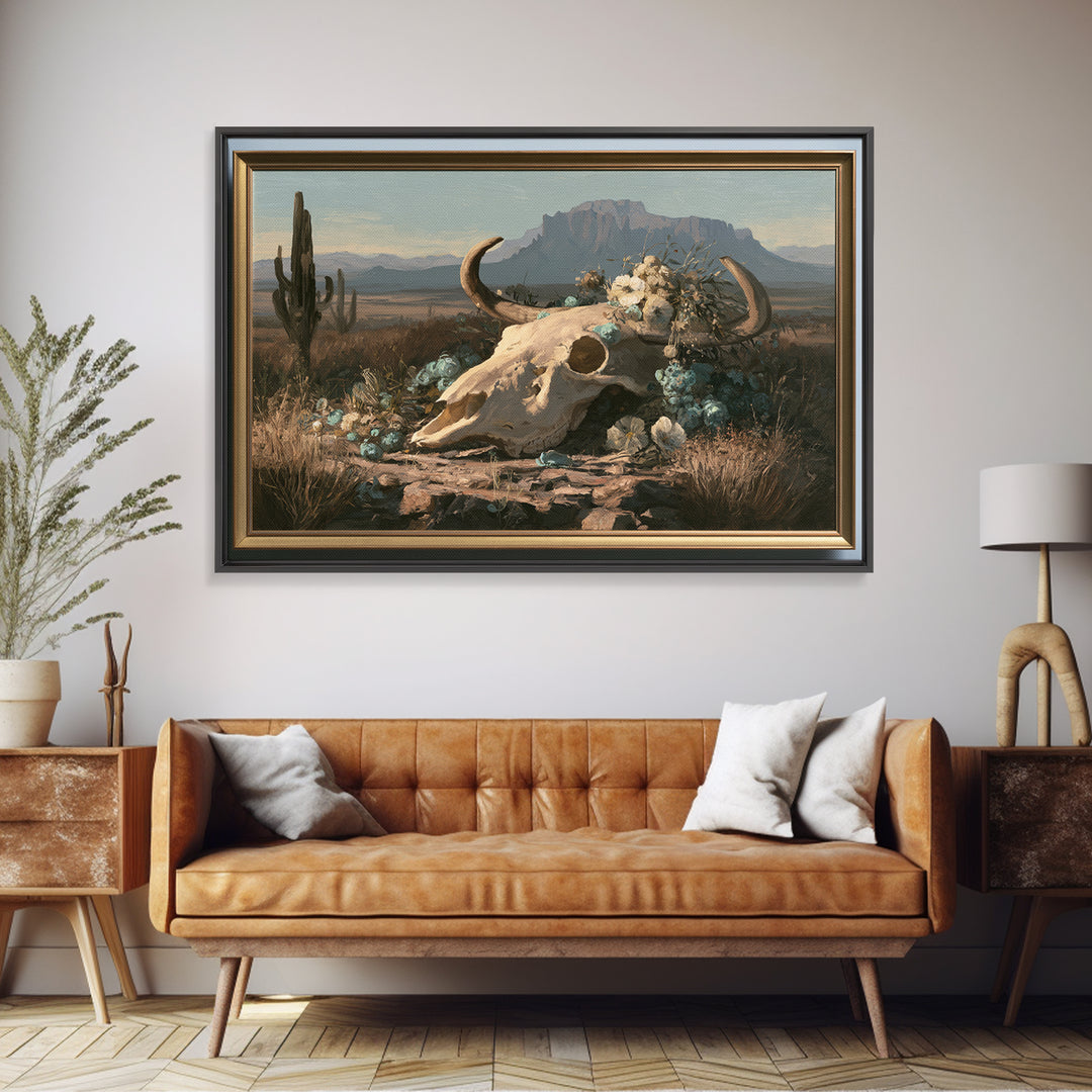 Sun Bleached Skull and Desert Flowers Framed Canvas Print, Desert Art, Southwestern Decor, Watercolor Art, Desert, DES-3x2-40