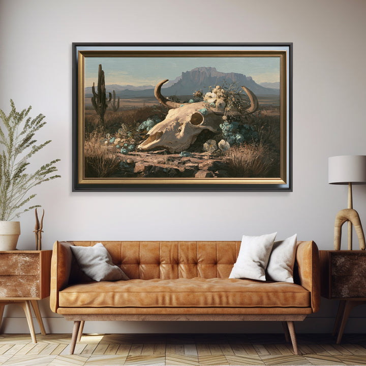 Sun Bleached Skull and Desert Flowers Framed Canvas Print, Desert Art, Southwestern Decor, Watercolor Art, Desert, DES-3x2-40