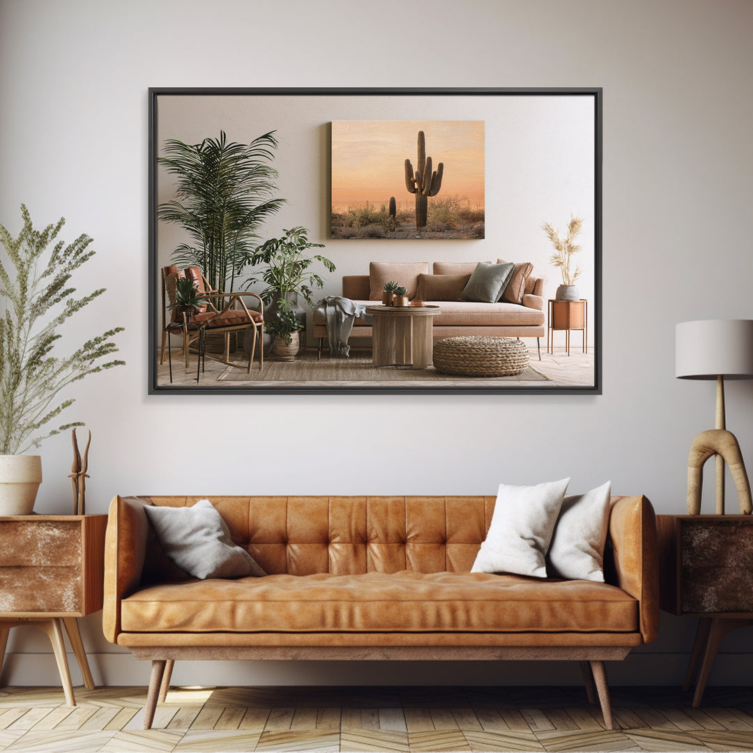 Saguaro Cactus under Orange Sunset Sky Canvas Print, Desert Art, Minimalist Decor, Southwestern Decor, Fine Art, Desert, DES-3x2-53