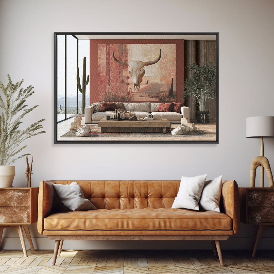 Sun Bleached Skull and Desert Flowers Framed Canvas Print, Desert Art, Original Painting, Southwestern Decor, Fine Art, Desert, DES-3x2-64