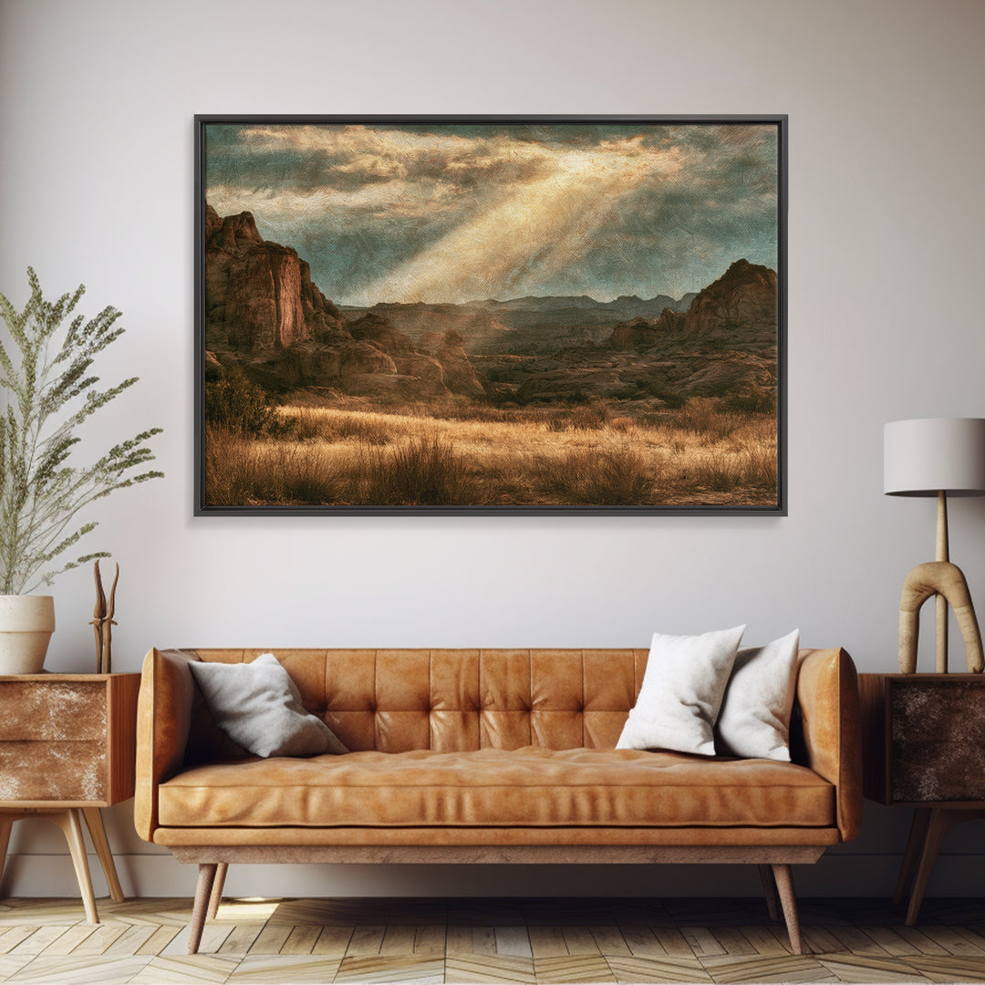 Sandstone Canyon with Dramatic Light Beam Canvas Print, Desert Art, Oil Painting, Southwestern Decor, Desert, Bedroom Wall Art, DES-3x2-68