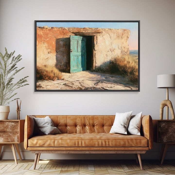 Adobe Doorway with Turquoise Shadow Framed Canvas Print, Desert Art, Contemporary Art, Southwestern Decor, Fine Art, Desert, DES-3x2-81