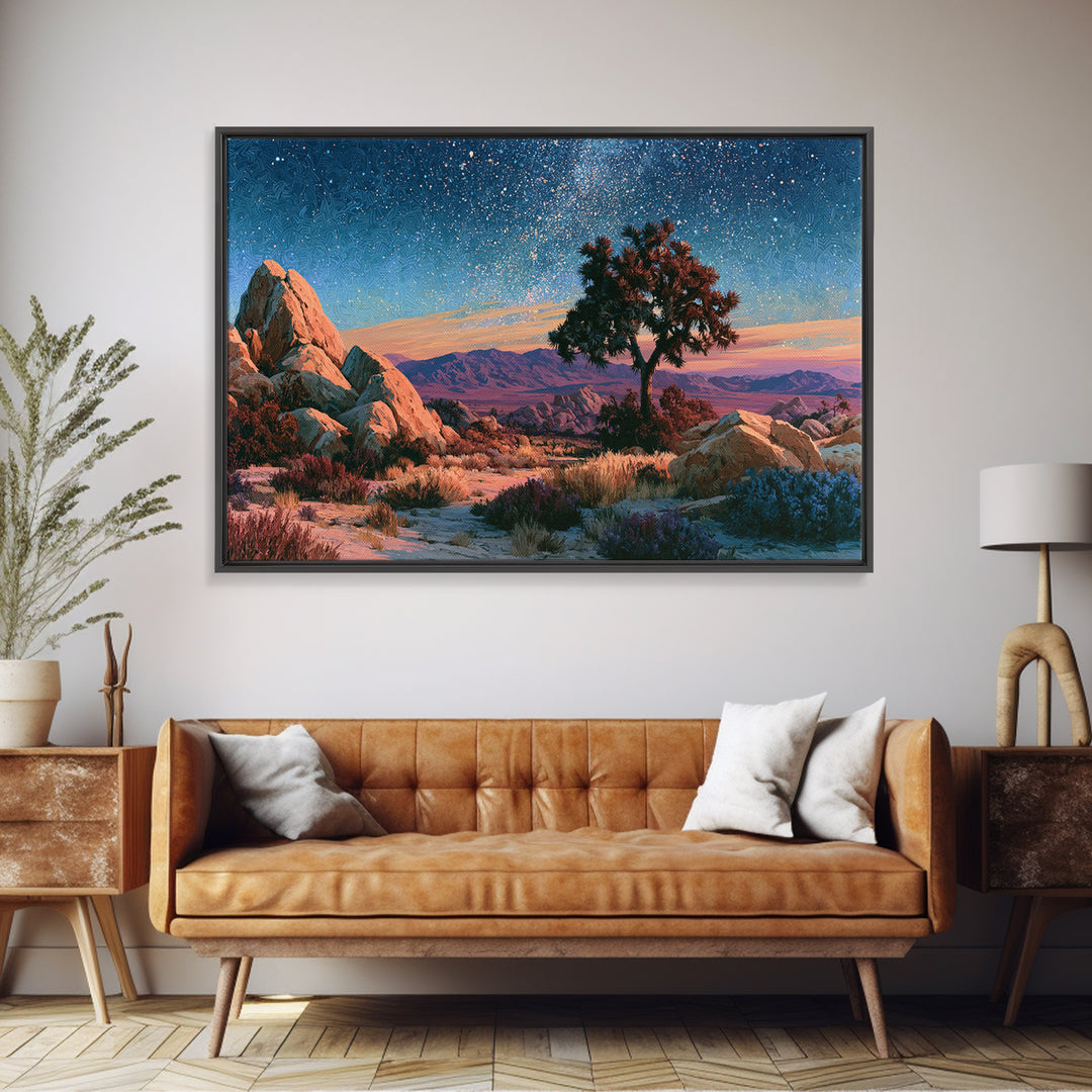 Joshua Tree under Star Filled Night Framed Canvas Print, Desert Art, Statement Artwork, Southwestern Decor, Fine Art, Desert, DES-3x2-82