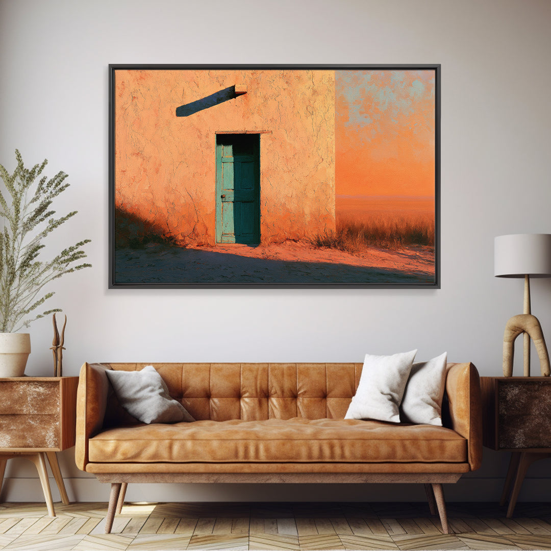 Adobe Doorway with Turquoise Shadow Framed Canvas Print, Desert Art, Nature Wall Art, Southwestern Decor, Oil Painting, Desert, DES-3x2-9
