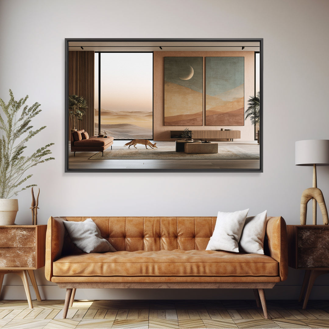 Desert Fox Beneath a Crescent Moon Canvas Print, Desert Art, Southwestern Decor, Oil Painting, Desert, Living Room Decor, DES-3x2-93