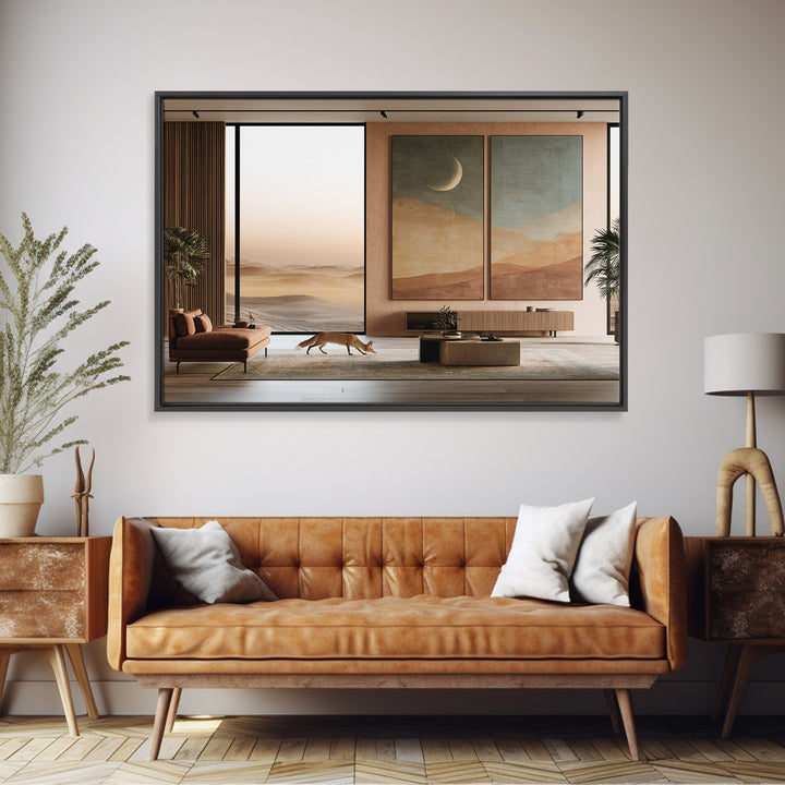 Desert Fox Beneath a Crescent Moon Canvas Print, Desert Art, Southwestern Decor, Oil Painting, Desert, Living Room Decor, DES-3x2-93
