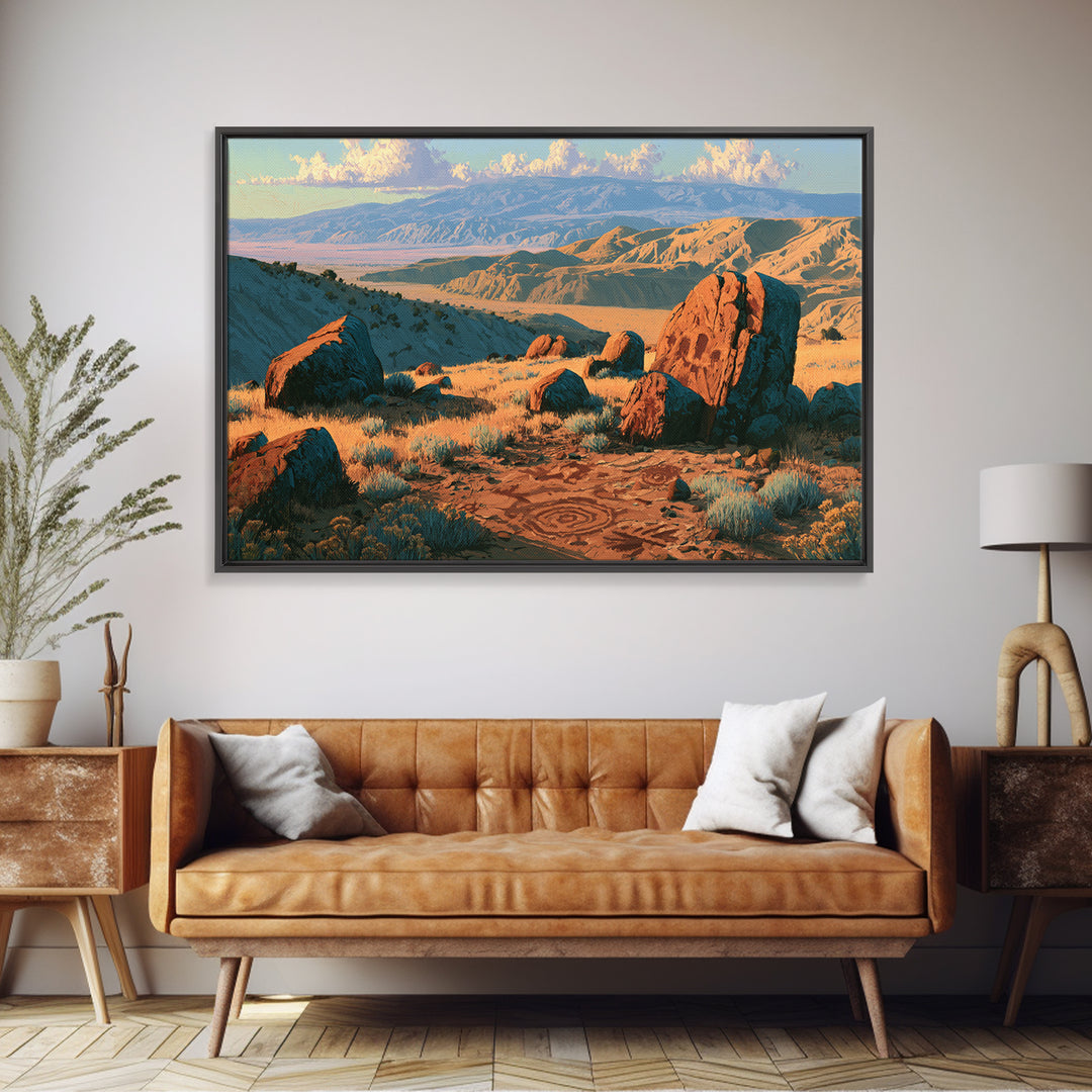 Ancient Desert Petroglyph Design Framed Canvas Print, Desert Art, Room Decor, Southwestern Decor, Desert, Abstract Wall Art, DES-3x2-97