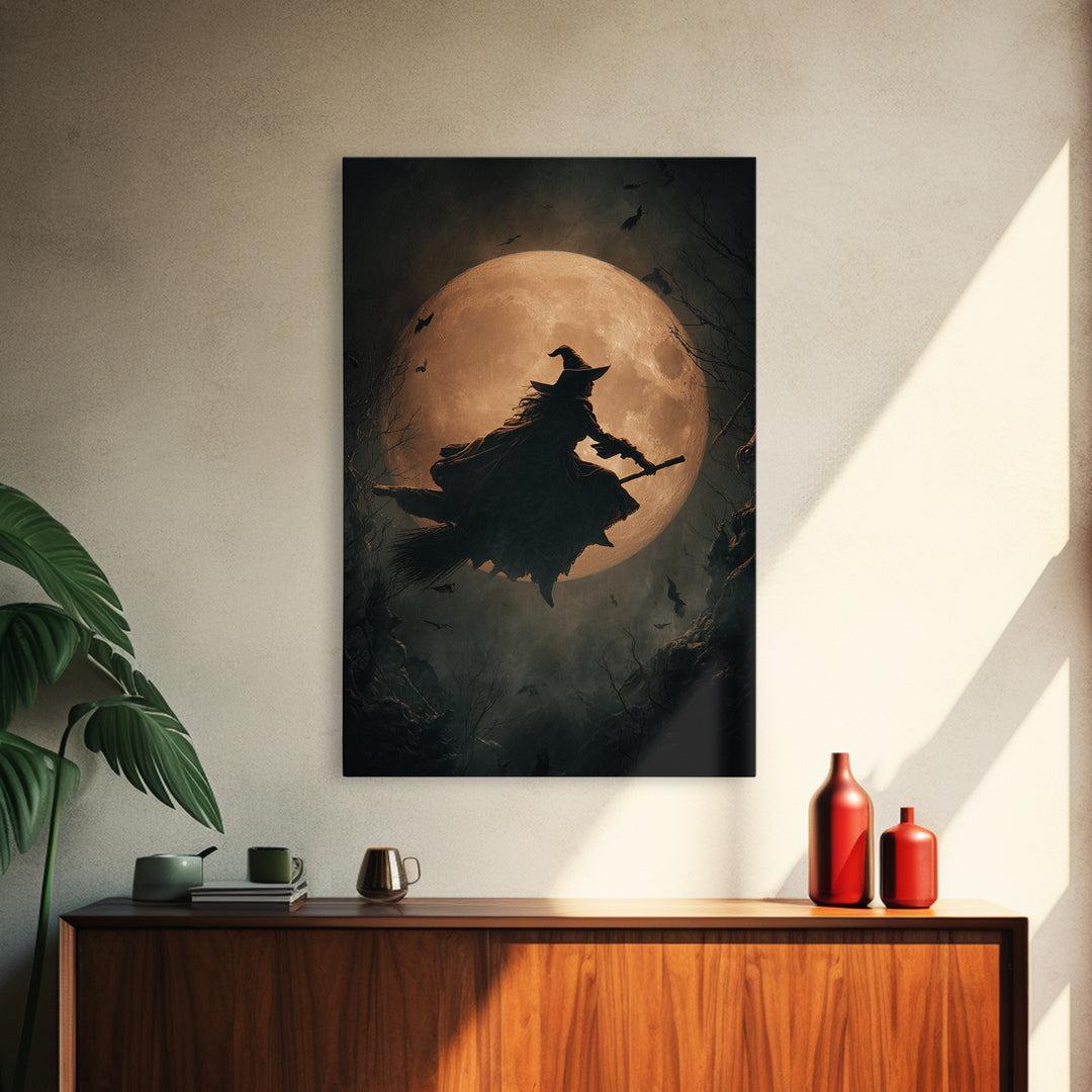 The Moonlit Witch, Vertical Wall Art, Macabre Wall Art, Framed Canvas Print, Halloween Wall Decor, Gothic Home Decor, Statement Wall Art