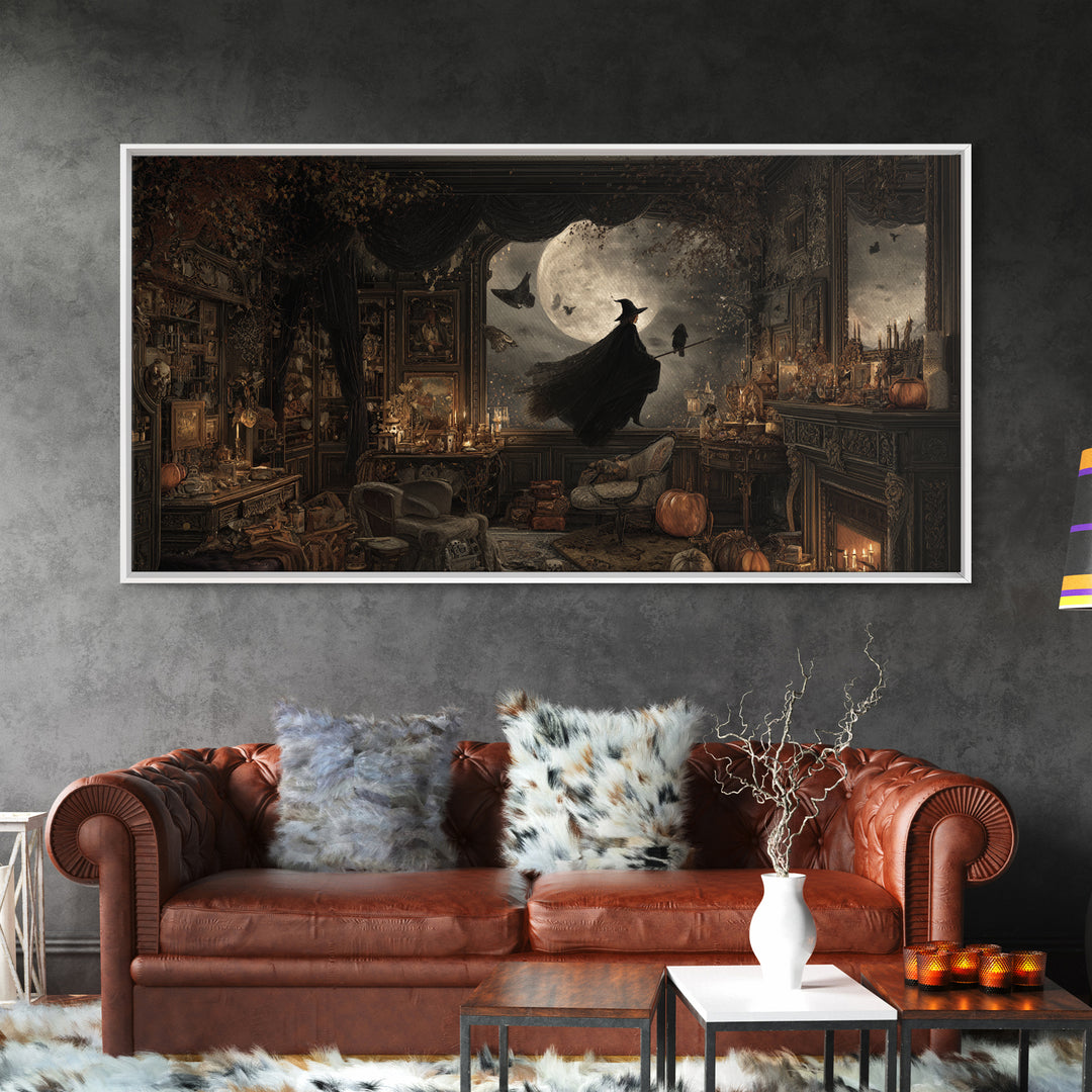 The Moonlit Witch, Wide Panoramic Art, Haunted Gothic Art, Framed Canvas Print, Halloween Wall Decor, Gothic Home Decor, Halloween Wall Art