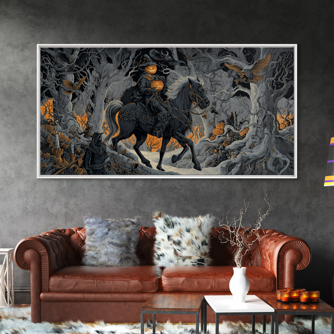 The Headless Horseman, Wide Panoramic Art, Dark Halloween Decor, Canvas Print, Halloween Wall Decor, Gothic Home Decor, Dark Fantasy Art