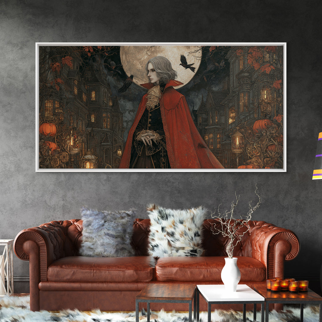 The Crimson Vampire, Wide Panoramic Art, Haunted Gothic Art, Framed Canvas Print, Halloween Wall Decor, Gothic Home Decor, Spooky Wall Decor