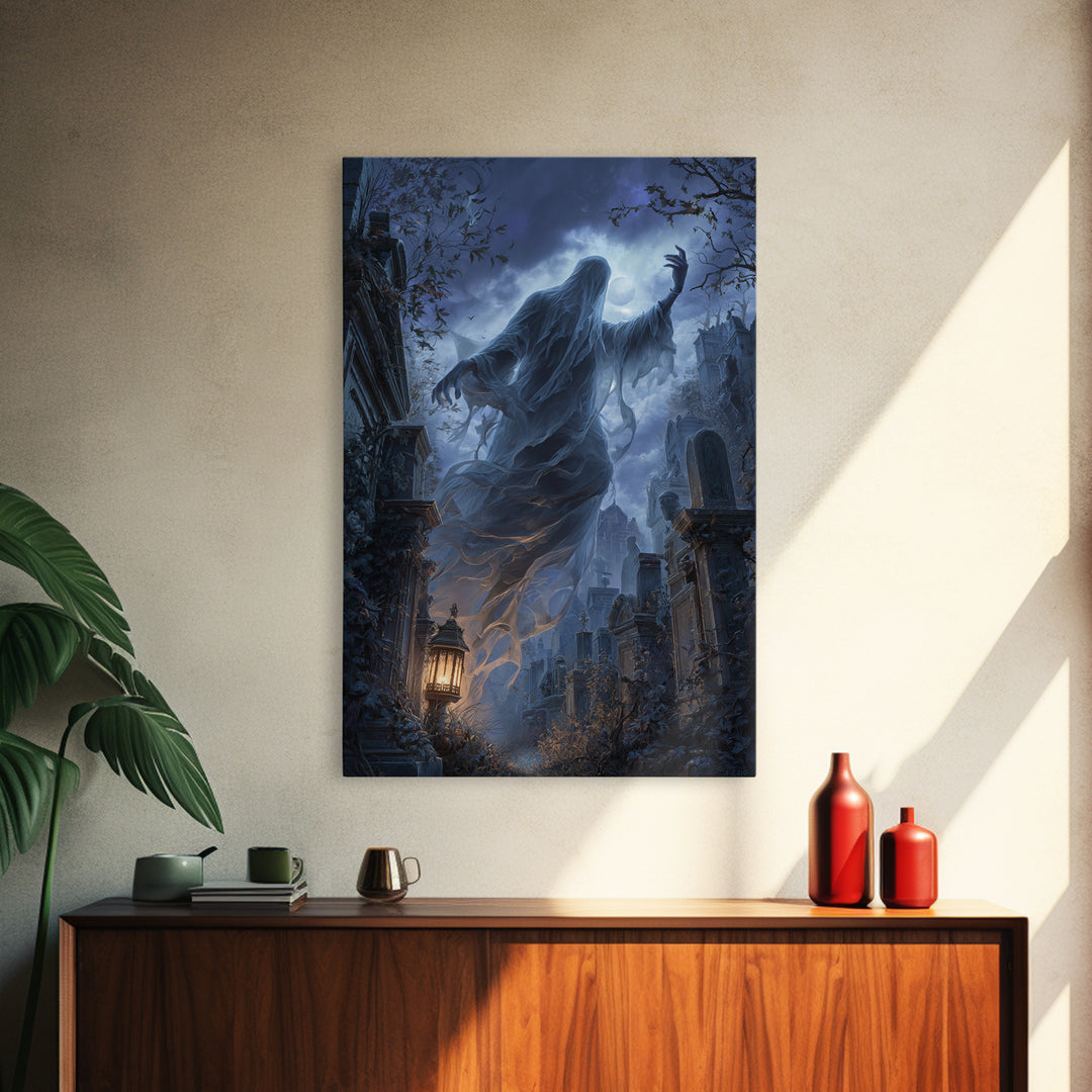 The Graveyard Ghost, Vertical Wall Art, Spooky Home Decor, Canvas Print, Halloween Wall Decor, Gothic Home Decor, Halloween Wall Art