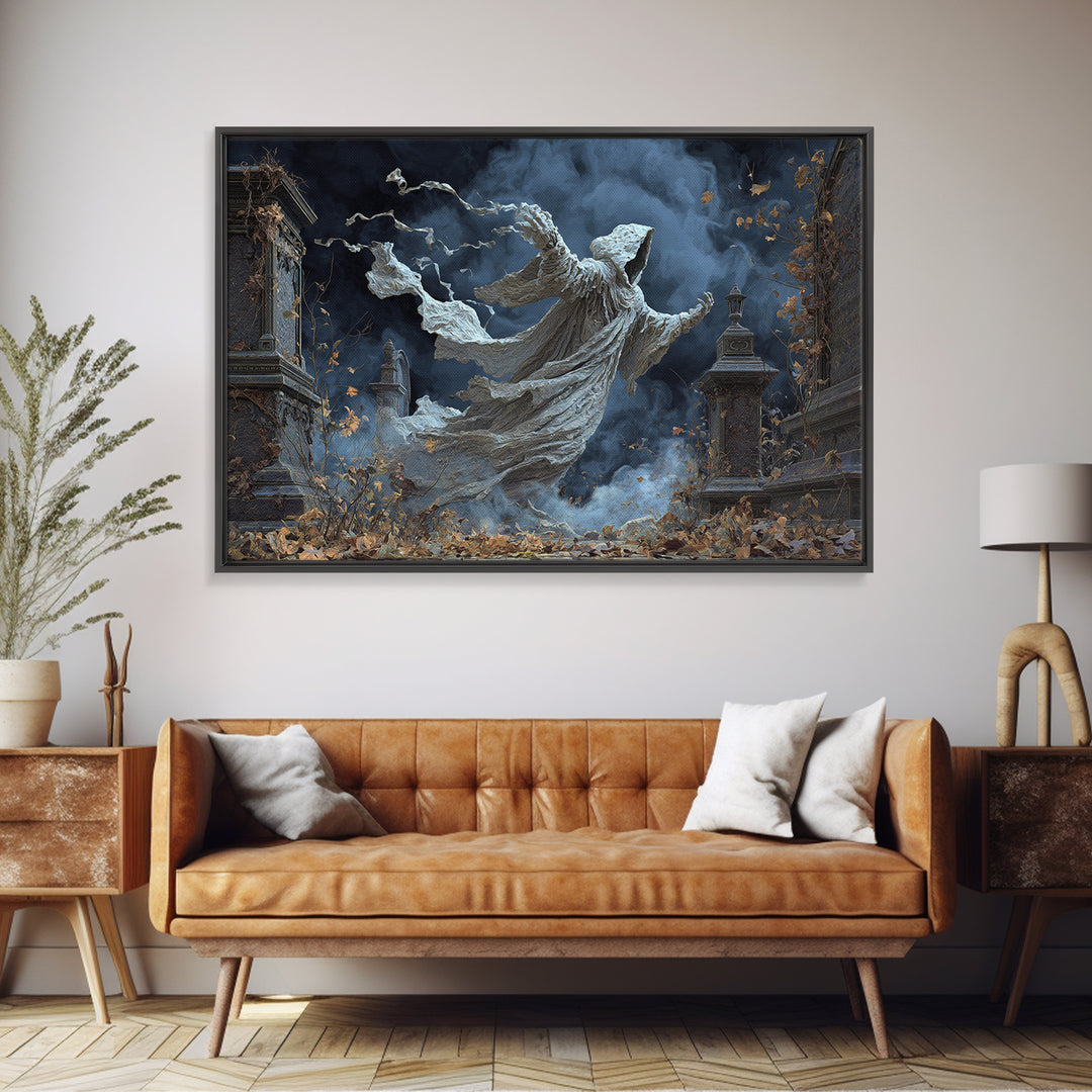 The Graveyard Ghost, Landscape Wall Art, Dark Halloween Decor, Canvas Print, Halloween Wall Decor, Gothic Home Decor, Statement Wall Art