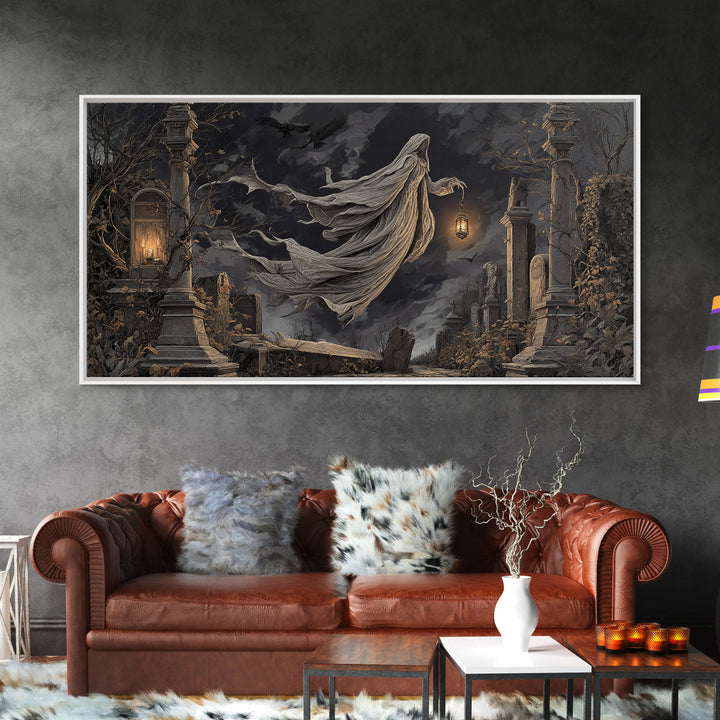 The Graveyard Ghost, Wide Panoramic Art, Gothic Horror Wall Art, Framed Canvas Print, Halloween Wall Decor, Gothic Home Decor