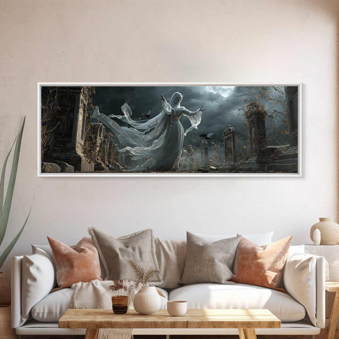 The Graveyard Ghost, Extra Wide Wall Art, Macabre Wall Art, Framed Canvas Print, Halloween Wall Decor, Gothic Home Decor