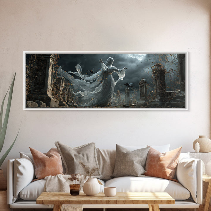 The Graveyard Ghost, Extra Wide Wall Art, Macabre Wall Art, Framed Canvas Print, Halloween Wall Decor, Gothic Home Decor