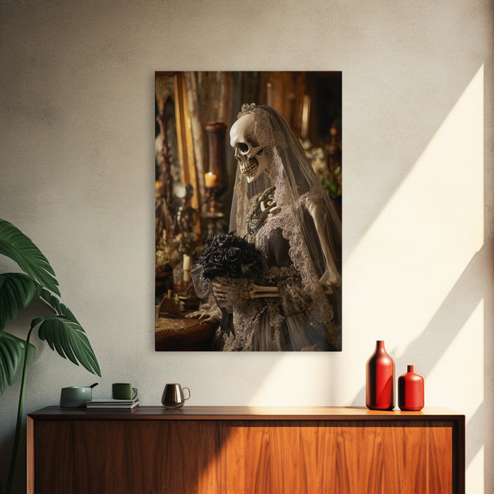 The Skeletal Bride, Vertical Wall Art, Macabre Wall Art, Framed Canvas Print, Halloween Wall Decor, Gothic Home Decor, Spooky Wall Decor