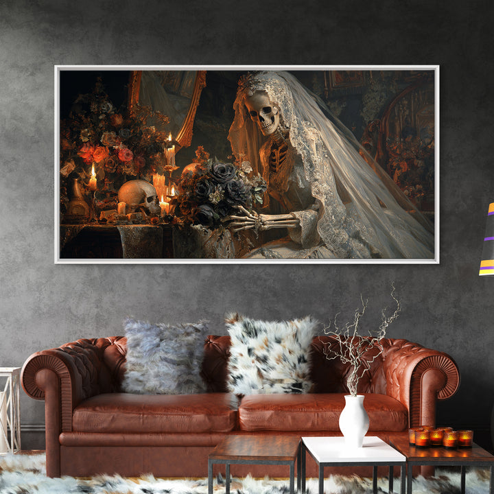 The Skeletal Bride, Wide Panoramic Art, Haunted Gothic Art, Framed Canvas Print, Halloween Wall Decor, Gothic Home Decor, Dark Fantasy Art