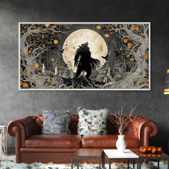 The Moon-Cursed Werewolf, Wide Panoramic Art, Macabre Wall Art, Framed Canvas Print, Halloween Wall Decor, Gothic Home Decor