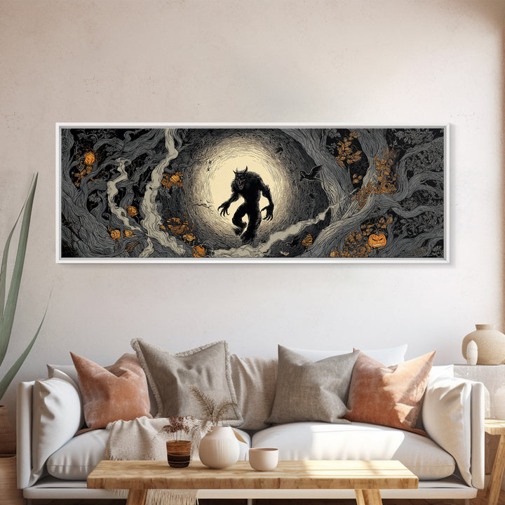 The Moon-Cursed Werewolf, Extra Wide Wall Art, Spooky Home Decor, Canvas Print, Halloween Wall Decor, Gothic Home Decor, Horror Wall Art