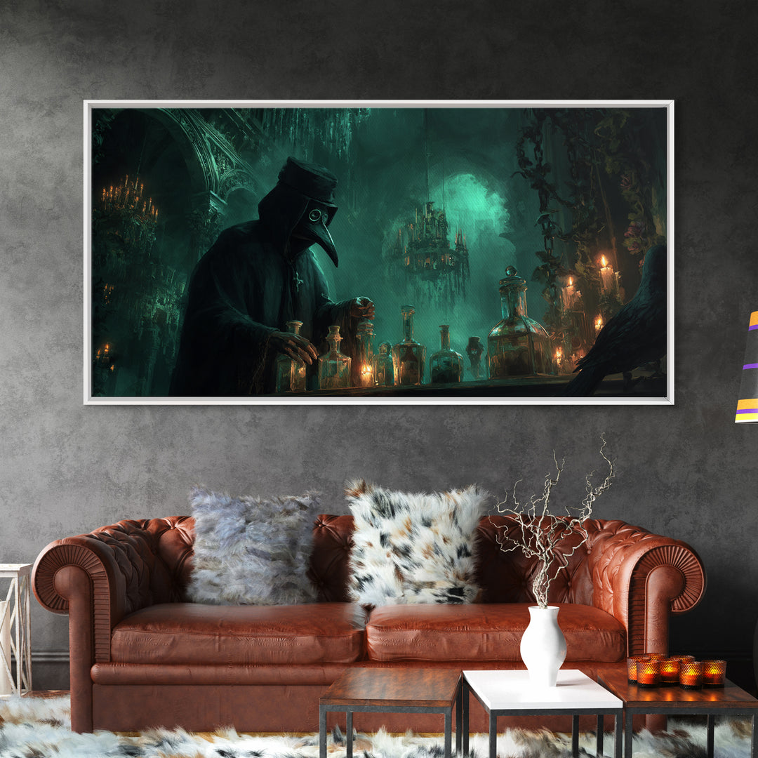 The Plague Doctor, Wide Panoramic Art, Macabre Wall Art, Framed Canvas Print, Halloween Wall Decor, Gothic Home Decor, Halloween Wall Art