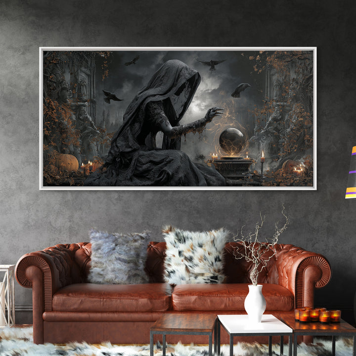 The Midnight Fortune Teller, Wide Panoramic Art, Macabre Wall Art, Framed Canvas Print, Halloween Wall Decor, Gothic Home Decor