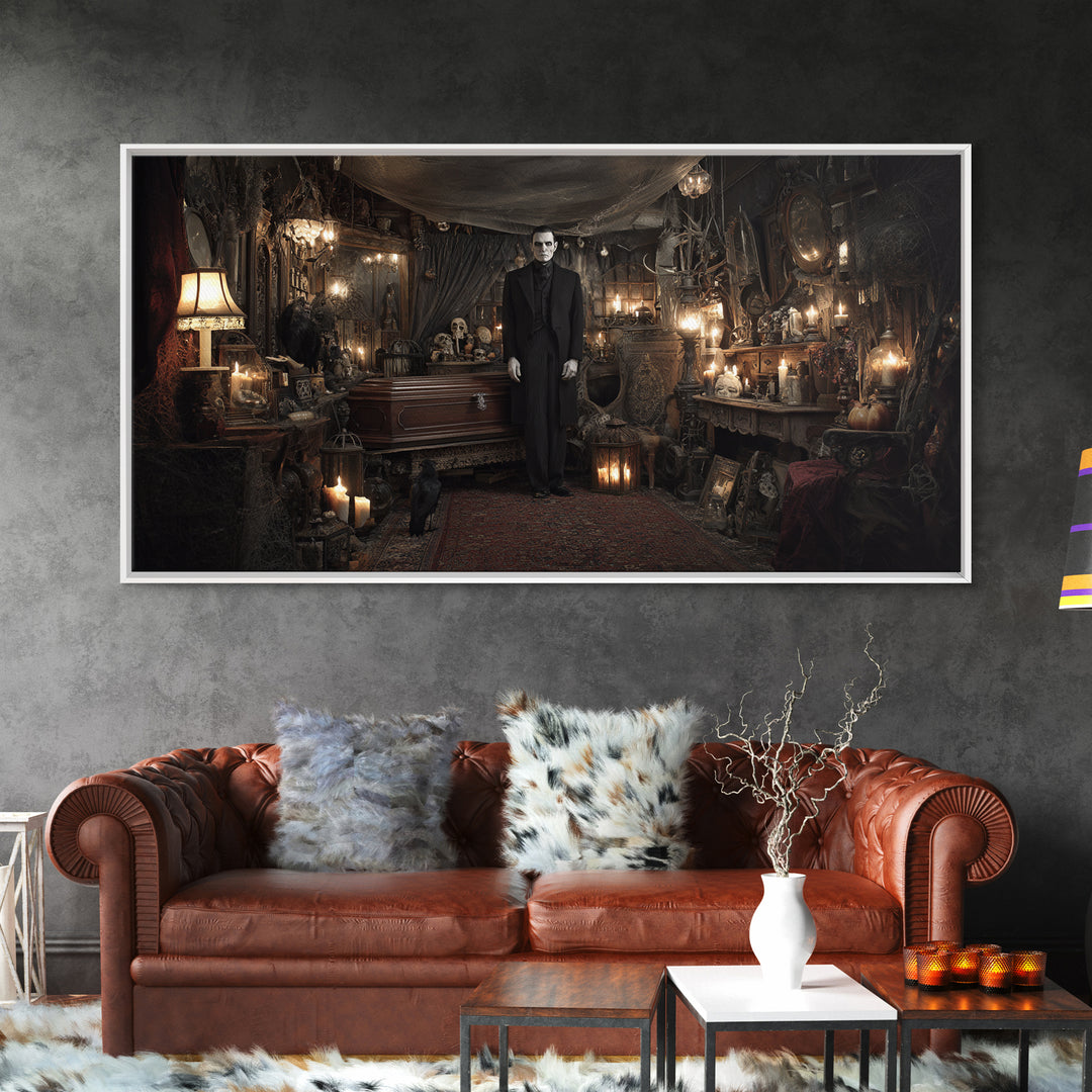 The Sinister Undertaker, Wide Panoramic Art, Dark Fantasy Wall Art, Canvas Print, Halloween Wall Decor, Gothic Home Decor