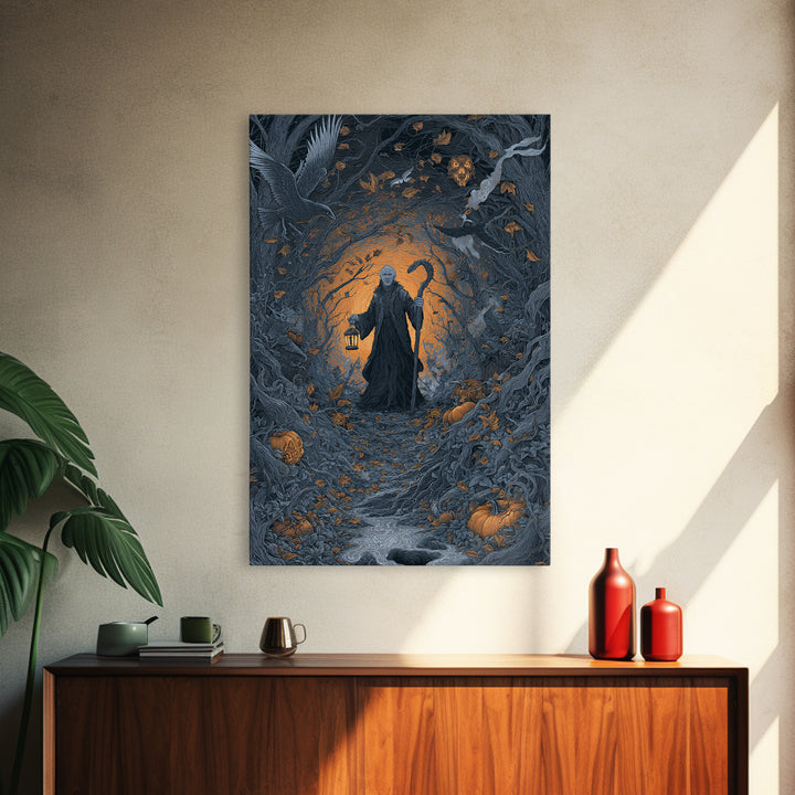 The Lantern Gravedigger, Vertical Wall Art, Dark Halloween Decor, Canvas Print, Halloween Wall Decor, Gothic Home Decor