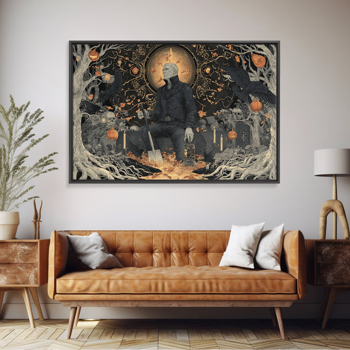 The Lantern Gravedigger, Landscape Wall Art, Gothic Horror Wall Art, Framed Canvas Print, Halloween Wall Decor, Gothic Home Decor