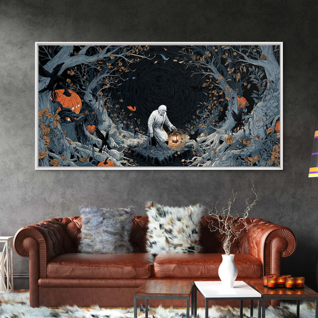The Lantern Gravedigger, Wide Panoramic Art, Spooky Home Decor, Canvas Print, Halloween Wall Decor, Gothic Home Decor, Spooky Wall Decor
