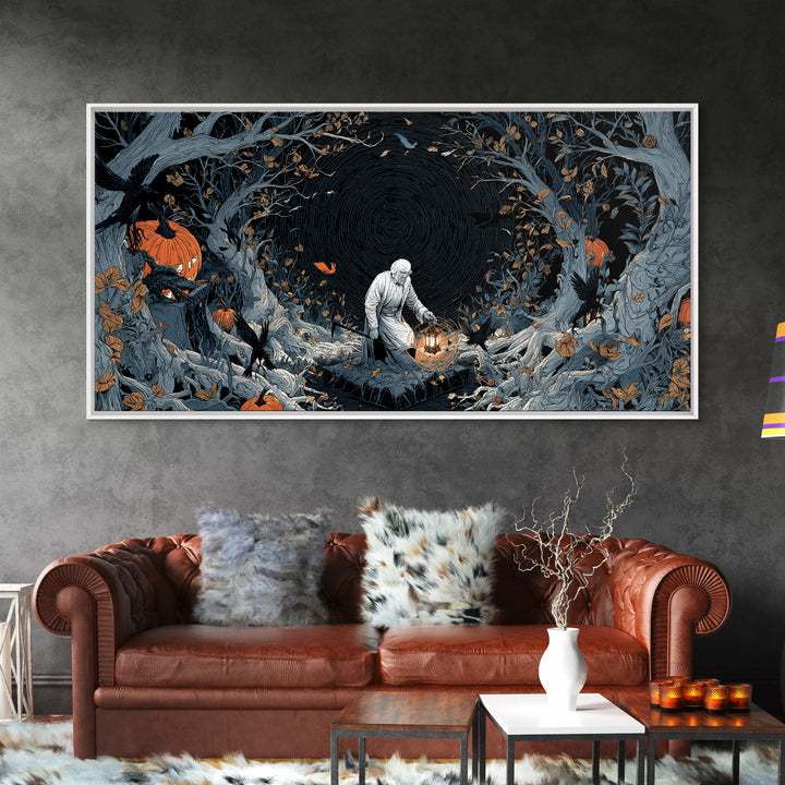 The Lantern Gravedigger, Wide Panoramic Art, Spooky Home Decor, Canvas Print, Halloween Wall Decor, Gothic Home Decor, Spooky Wall Decor