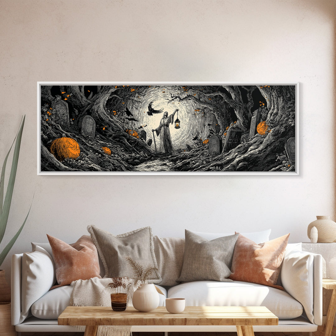 The Lantern Gravedigger, Extra Wide Wall Art, Gothic Horror Wall Art, Framed Canvas Print, Halloween Wall Decor, Gothic Home Decor