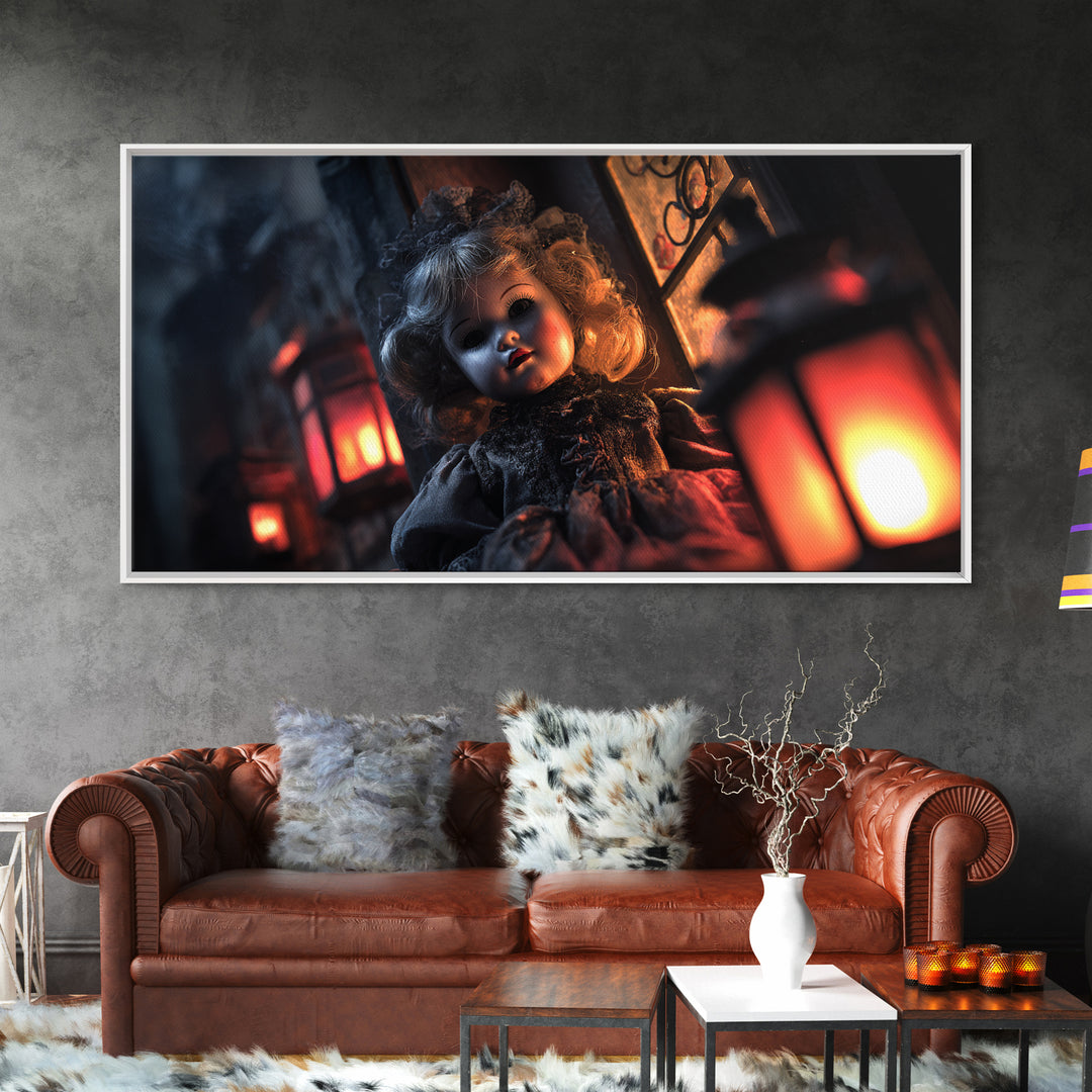 The Haunted Porcelain Doll, Wide Panoramic Art, Spooky Home Decor, Canvas Print, Halloween Wall Decor, Gothic Home Decor, Halloween Wall Art