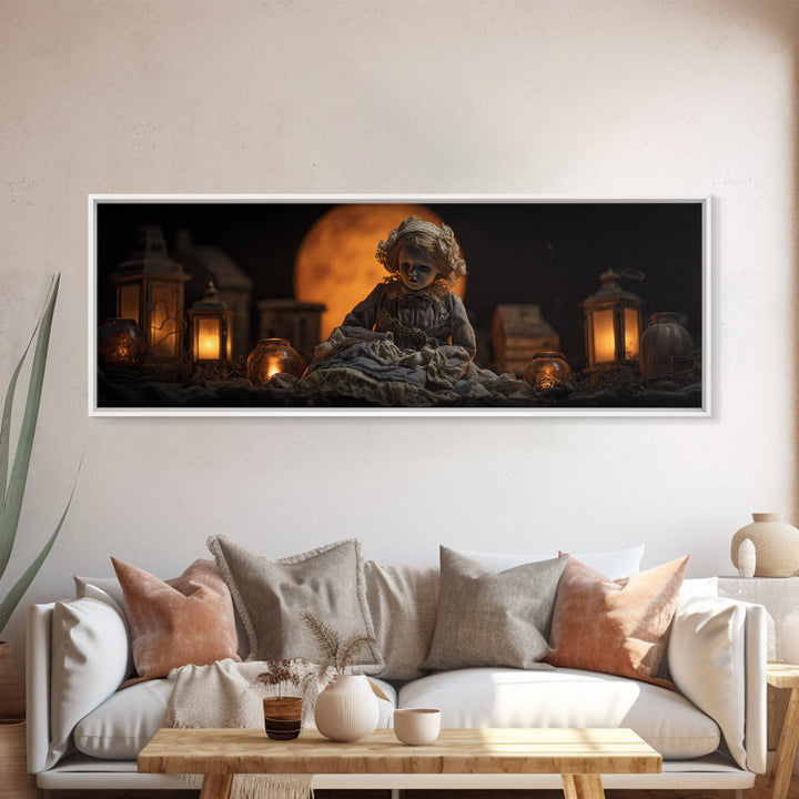The Haunted Porcelain Doll, Extra Wide Wall Art, Macabre Wall Art, Framed Canvas Print, Halloween Wall Decor, Gothic Home Decor