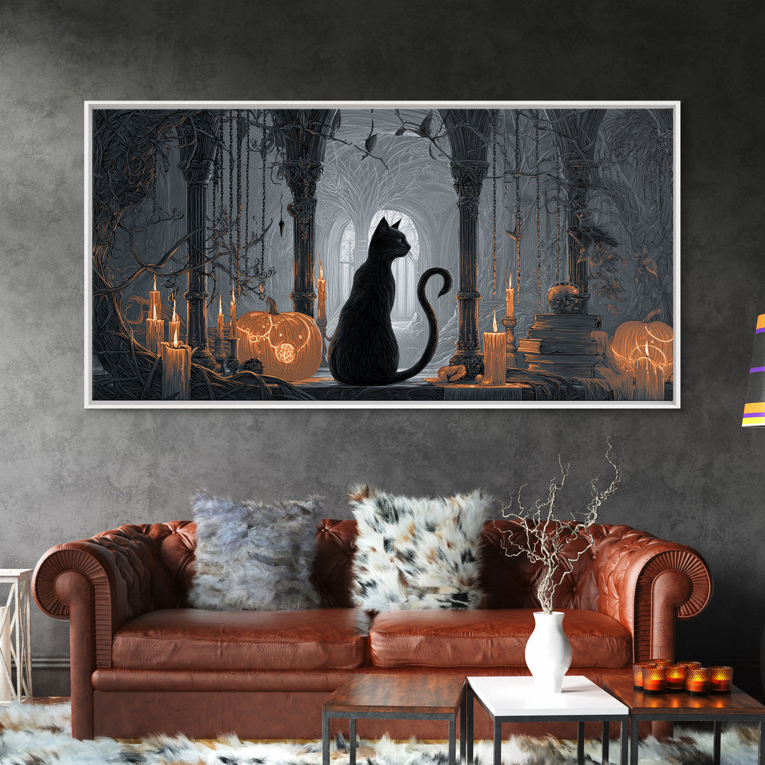 The Black Cat Familiar, Wide Panoramic Art, Haunted Gothic Art, Framed Canvas Print, Halloween Wall Decor, Gothic Home Decor