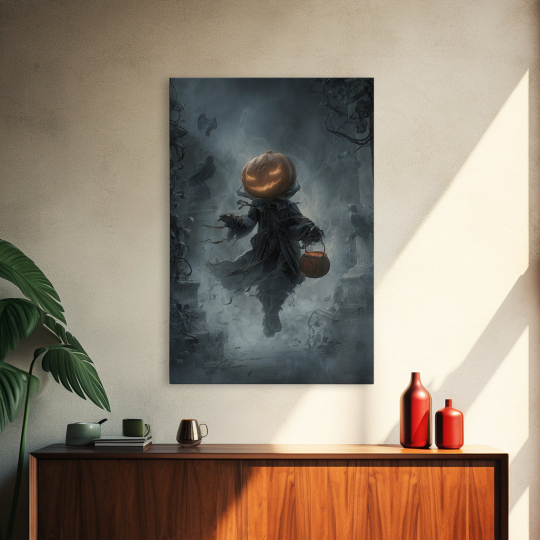 The Pumpkin-Headed Child, Vertical Wall Art, Haunted Gothic Art, Framed Canvas Print, Halloween Wall Decor, Gothic Home Decor