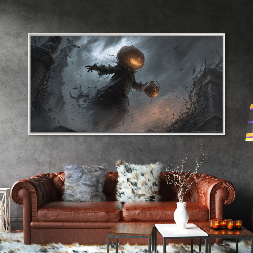 The Pumpkin-Headed Child, Wide Panoramic Art, Gothic Horror Wall Art, Framed Canvas Print, Halloween Wall Decor, Gothic Home Decor