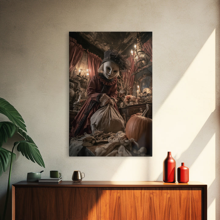 The Masked Candy Collector, Vertical Wall Art, Spooky Home Decor, Canvas Print, Halloween Wall Decor, Gothic Home Decor, Spooky Wall Decor