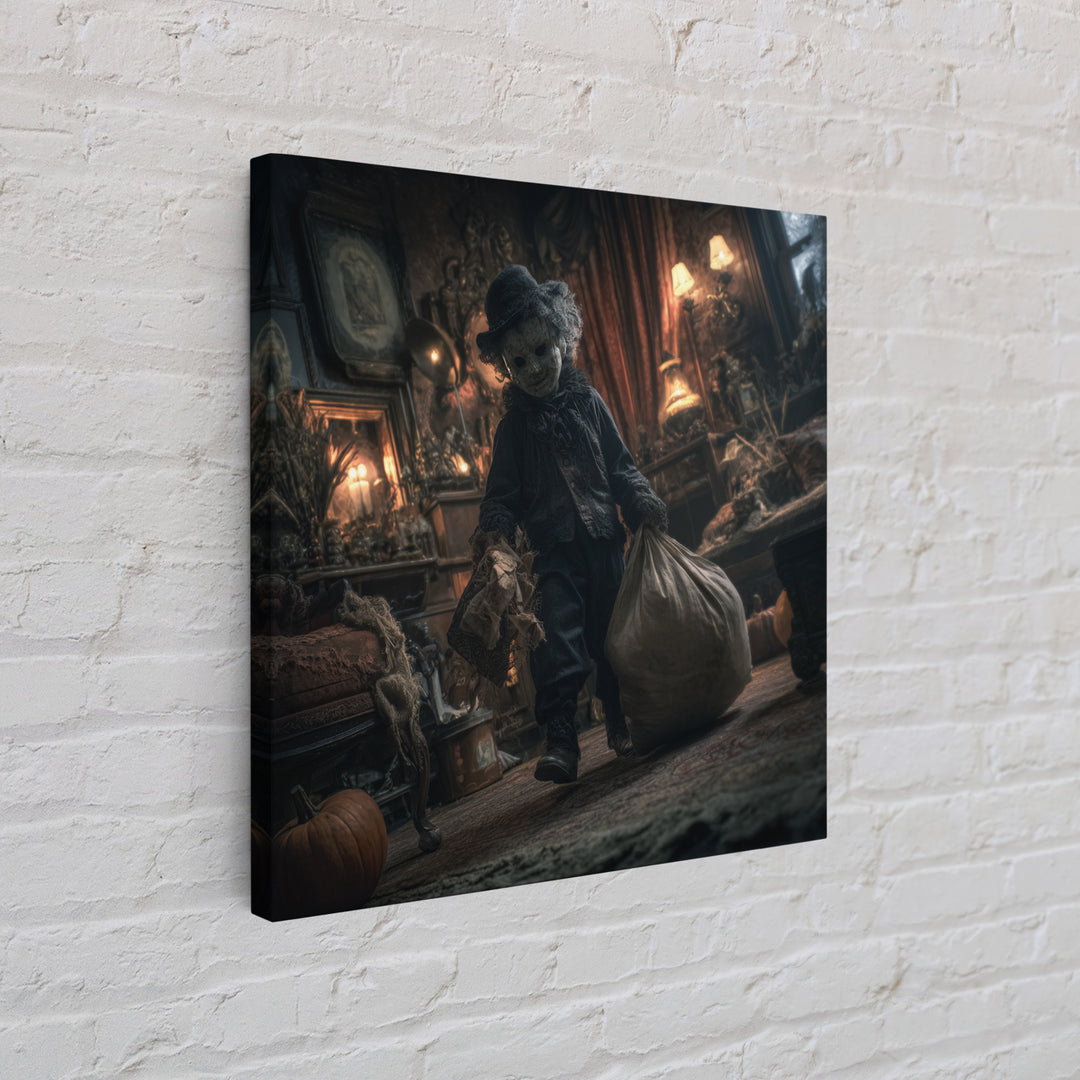The Masked Candy Collector, Square Wall Art, Macabre Wall Art, Framed Canvas Print, Halloween Wall Decor, Gothic Home Decor