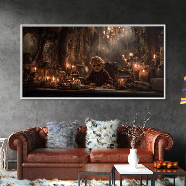 The Masked Candy Collector, Wide Panoramic Art, Dark Fantasy Wall Art, Canvas Print, Halloween Wall Decor, Gothic Home Decor