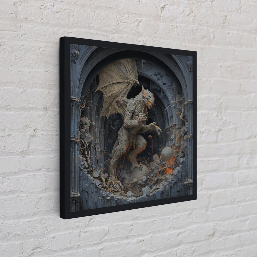 The Gargoyle Sentinel, Square Wall Art, Haunted Gothic Art, Framed Canvas Print, Halloween Wall Decor, Gothic Home Decor, Statement Wall Art