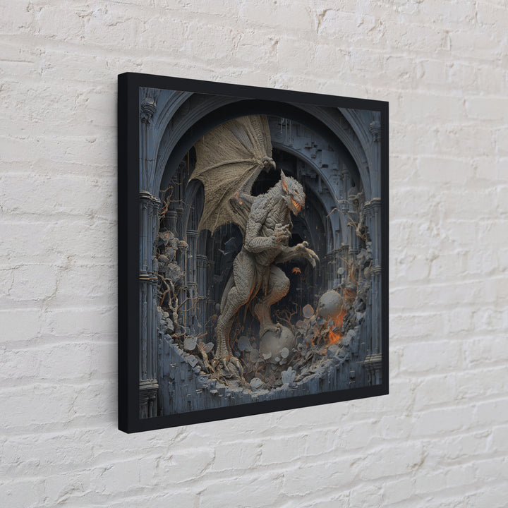 The Gargoyle Sentinel, Square Wall Art, Haunted Gothic Art, Framed Canvas Print, Halloween Wall Decor, Gothic Home Decor, Statement Wall Art
