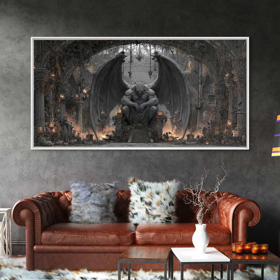 The Gargoyle Sentinel, Wide Panoramic Art, Gothic Horror Wall Art, Framed Canvas Print, Halloween Wall Decor, Gothic Home Decor