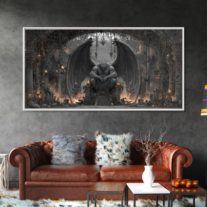 The Gargoyle Sentinel, Wide Panoramic Art, Gothic Horror Wall Art, Framed Canvas Print, Halloween Wall Decor, Gothic Home Decor