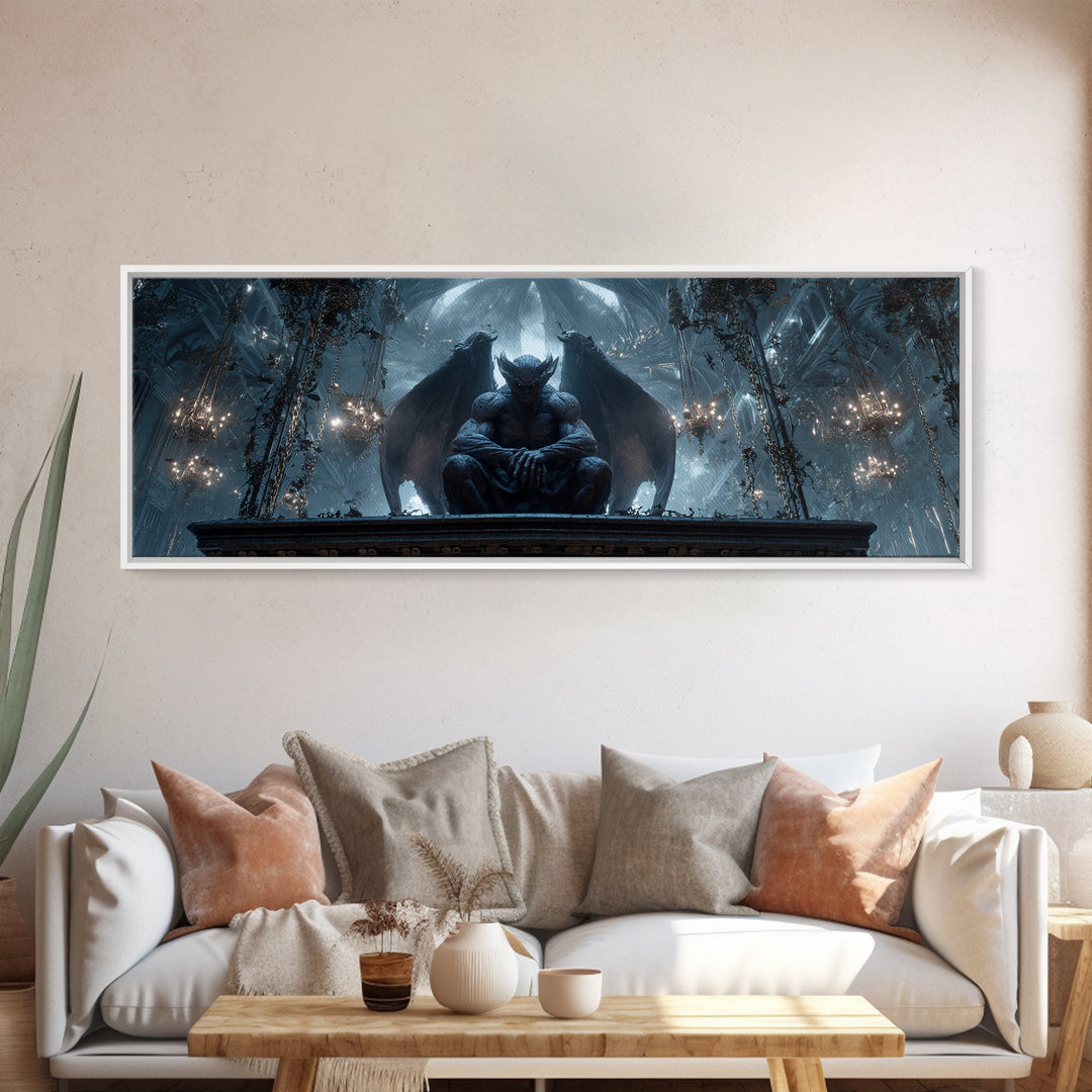 The Gargoyle Sentinel, Extra Wide Wall Art, Macabre Wall Art, Framed Canvas Print, Halloween Wall Decor, Gothic Home Decor, Halloween Decor