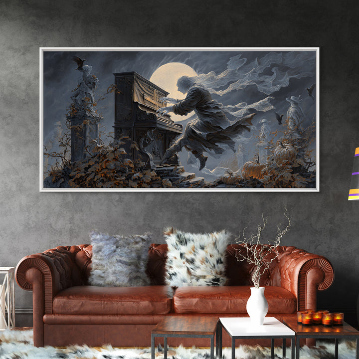 The Phantom Organist, Wide Panoramic Art, Haunted Gothic Art, Framed Canvas Print, Halloween Wall Decor, Gothic Home Decor