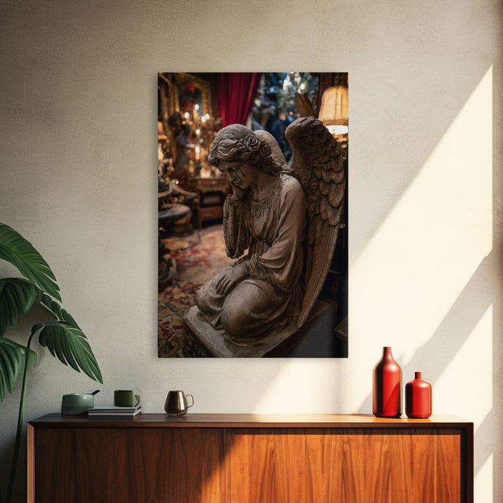 The Weeping Cemetery Angel, Vertical Wall Art, Haunted Gothic Art, Framed Canvas Print, Halloween Wall Decor, Gothic Home Decor