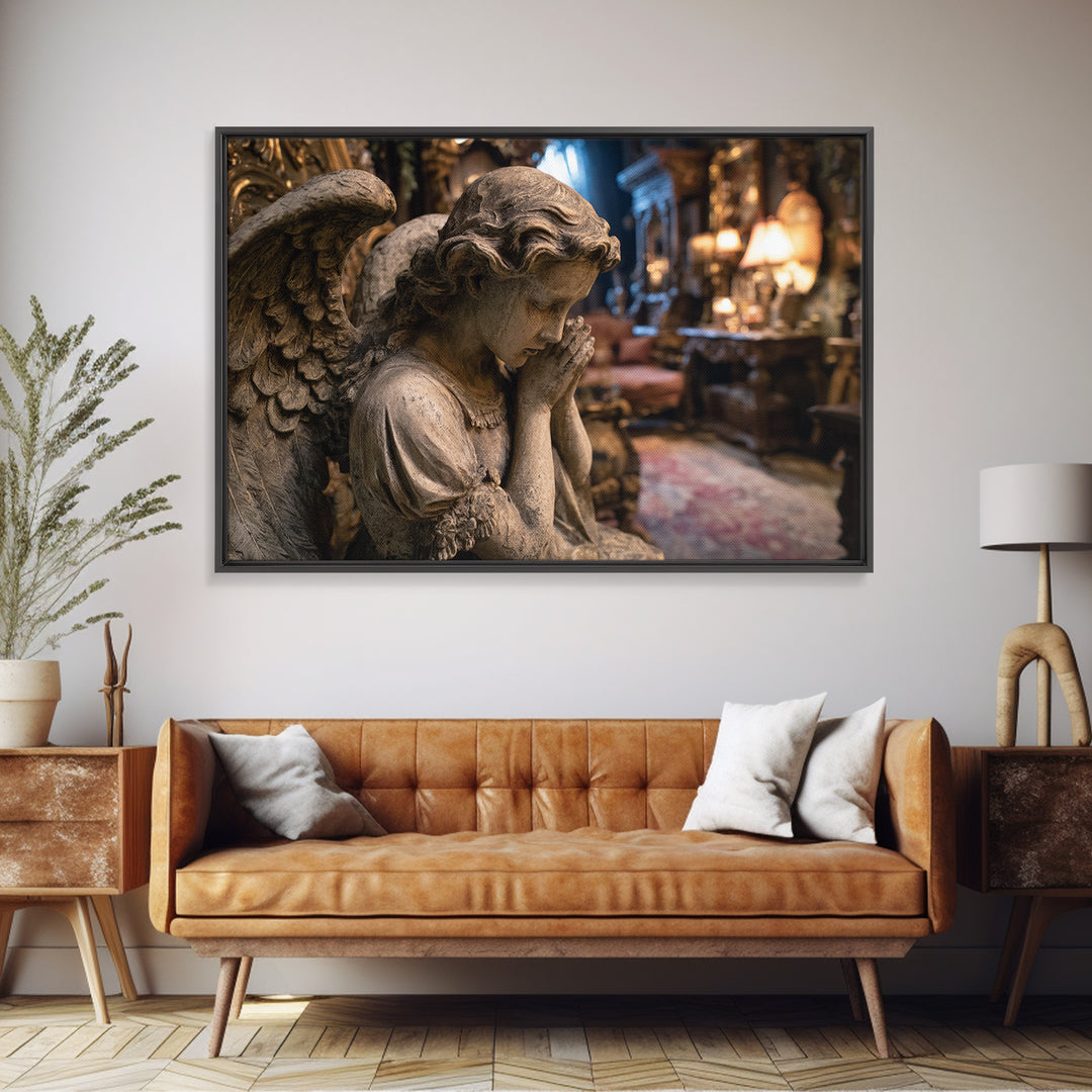 The Weeping Cemetery Angel, Landscape Wall Art, Haunted Gothic Art, Framed Canvas Print, Halloween Wall Decor, Gothic Home Decor
