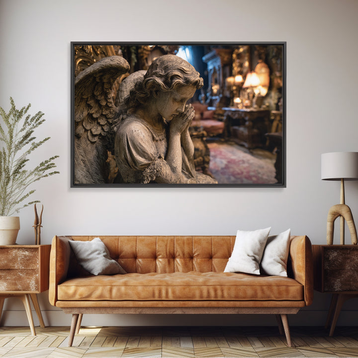 The Weeping Cemetery Angel, Landscape Wall Art, Haunted Gothic Art, Framed Canvas Print, Halloween Wall Decor, Gothic Home Decor